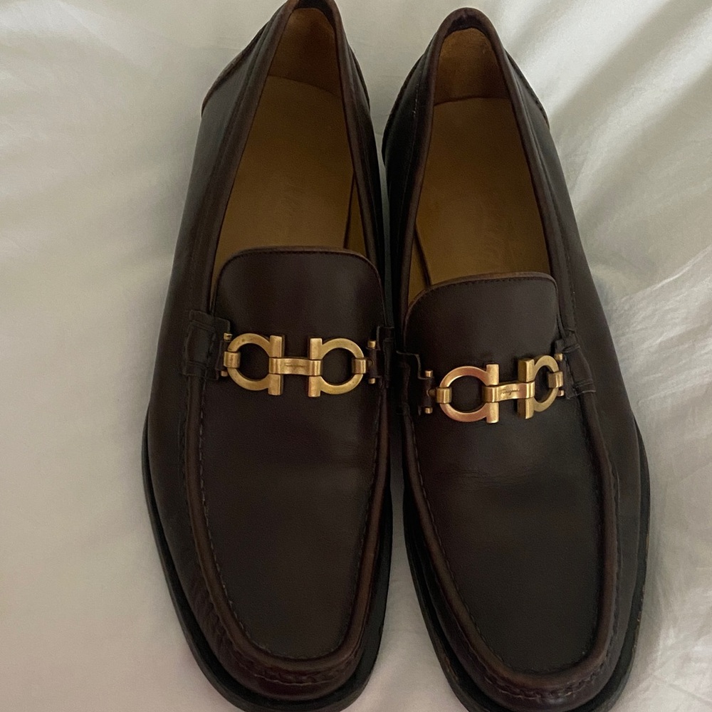 Salvatore Ferragamo Mens Brown Loafers with Gold Accent